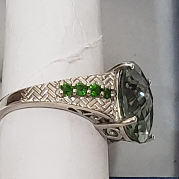 Prasiolite (Green Amethyst) Chrome Diopside ring in Plat/over 925 Sterling sz 8 - Picture 5 of 6